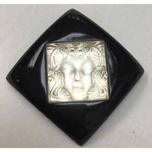 Lalique Carved Crystal Arethuse Masque de Femme Brooch Pin Black Diamond